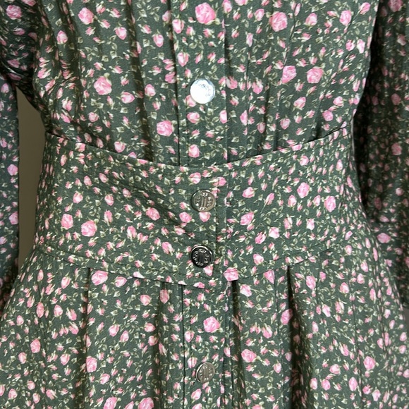 Maje Rakita Puff Sleeve Shirt Dress Green Pink Pleated Mini Floral Sz 38 US M - Picture 10 of 14